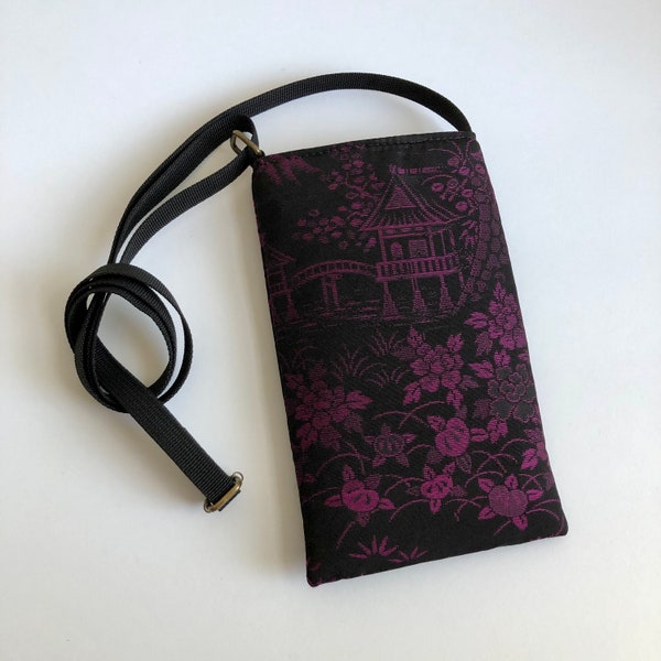 Kimono Cell Phone Sling Bag Vintage Japanese Silk Crossbody Purse Mobile Phone Bag Gift for Women Woven Fuchsia Florals on Black Silk
