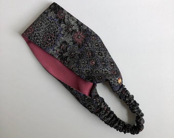 Kimono Silk Headband Japanese Vintage Silk Elastic Back S-XL or Tie Back Hairband Flowers on Purple Black Silk Metallic Silver Pink Accents