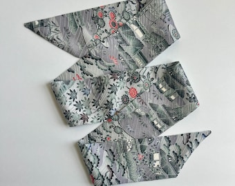 Kimono Silk Scarf: Floral Skinny Scarf, Hair Tie, Purse Accessory, Florals and Houses on Silver Gray Silk