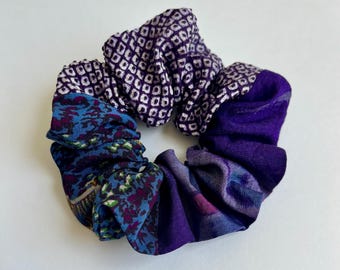 Kimono Scrunchie Boho Hair Tie Vintage Silk Hair Cloud Made of 3 Types of Vintage Japanese Silk Leaves Blue Silk Purple Meisen Shibori Silk