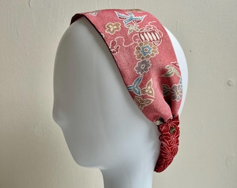 Reversible Kimono Headband: Japanese Vintage Fabric, Elastic Back, Florals on Komon Red Silk + Abstract Asanoha Hemp Leaf Print Silk