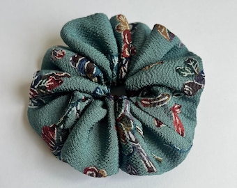 Kimono Silk Scrunchie: Hair Tie, Vintage Fabric, Florals on Muted Teal Chirimen Silk