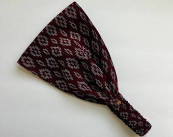 Diadema boho para hombre: Algodón reciclado de kimono vintage, color granate y gris
