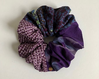 Kimono 3 Silk Scrunchie Medium or Large Sizes Gift for Women Boho Hair Leaves & Temples on Blue Silk, Purple Meisen + Shibori Silk