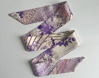 Kimono Silk Scarf: Floral Skinny Scarf, Hair Tie, Purse Accessory, Purple Blossoms on Cream Silk, Sakura