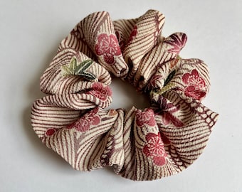 Kimono Silk Scrunchie: Hair Tie, Vintage Fabric, Pink Plum Blossoms and Maple Leaves on Water Wave Print Chirimen Silk
