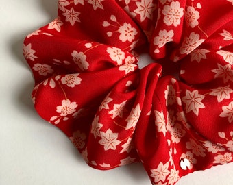 Kimono Scrunchie Vintage Japanese Silk Gift for Women Gift for Her Pink Cherry Blossoms Sakura & Maple Leaves on Soft Red Silk