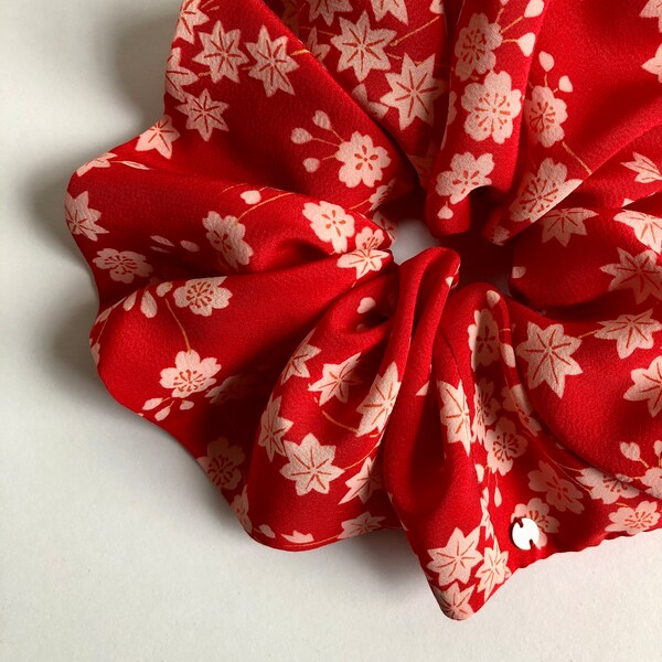 Kimono Scrunchie Vintage Japanese Silk Gift for Women Gift for Her Pink Cherry Blossoms Sakura & Maple Leaves on Soft Red Silk