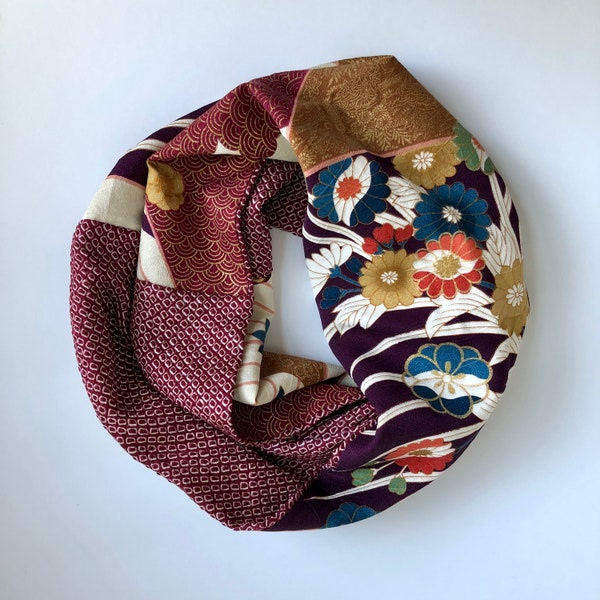 Kimono Scarf Twisted Infinity Scarf Vintage Japanese Silk Snood Colorful Florals & Patterns on Burgundy Cream Silk + Burgundy Shibori