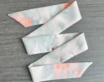 Kimono Silk Scarf: Floral Skinny Scarf, Hair Tie, Purse Accessory, Florals on Pink Gray Silk