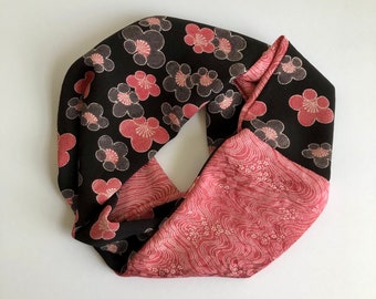 Kimono Scarf Twisted Infinity Scarf Vintage Japanese Silk Snood Mother's Day Gift Ume Blossoms on Black + Sakura Stream on Soft Pink Silk
