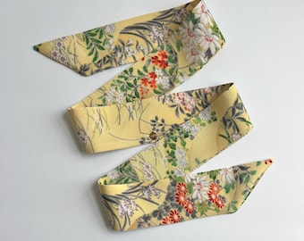 Kimono Silk Scarf: Floral Skinny Scarf, Hair Tie, Purse Accessory, Spring Flowers on Yellow Silk