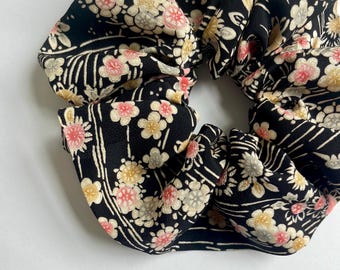Kimono Silk Scrunchie: Hair Tie, Vintage Japanese Fabric, Florals and Birds on Black Silk
