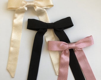 Kimono Bow Silk Skinny Long Bow Spring Barrette Bow Hair Clip Vintage Japanese Silk Handmade Gift For Women Choose Black Pink or Cream Silk