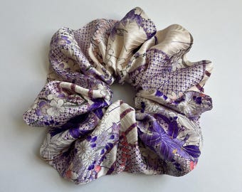 Kimono Silk Scrunchie: Hair Tie, Vintage Japanese Fabric, Purple Blossoms on Cream Silk, Sakura