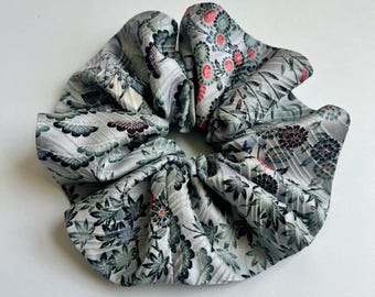 Kimono Silk Scrunchie: Hair Tie, Vintage Japanese Fabric, Florals and Houses on Silver Gray Silk