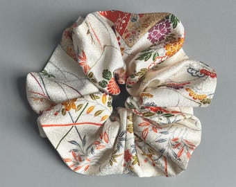 Kimono Silk Scrunchie: Hair Tie, Vintage Fabric, Florals on Cream Shiny Silk