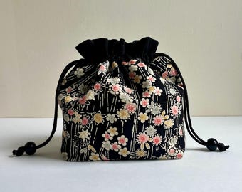 Kimono Kinchaku Bag, Vintage Japanese Fabric, Drawstring Purse, Florals on Black Silk