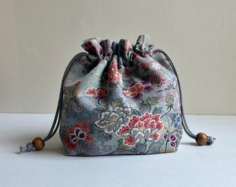 Kimono Kinchaku Bag, Vintage Japanese Fabric, Drawstring Purse, Pink Florals on Silk, Gold Accents
