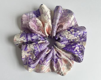 Kimono Silk Scrunchie: Hair Tie, Vintage Fabric, Purple Floral Shiny Silk