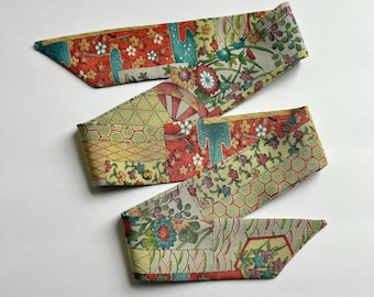 Kimono Scarf Silk Skinny Scarf Hair Tie Headband Purse Scarf Gift for Women Florals & Traditional Patterns Green Silk