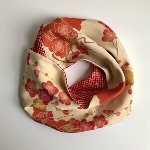 Kimono Scarf Twisted Infinity Scarf Vintage Japanese Silk Gift for Her Mother's Day Gift Ume Plum Blossoms on Cream Silk + Red Shibori Silk