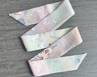 Kimono Silk Scarf: Floral Skinny Scarf, Hair Tie, Purse Accessory, Fans and Butterflies on Pastel Silk, Gold Accents