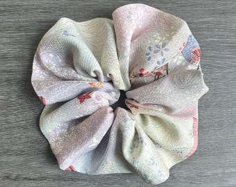 Kimono Silk Scrunchie: Hair Tie, Vintage Fabric, Fans and Butterflies on Pastel Silk, Gold Accents