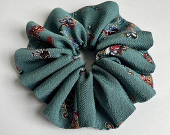 Kimono Silk Scrunchie: Hair Tie, Vintage Fabric, Florals on Muted Teal Chirimen Silk