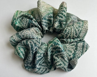 Kimono Silk Scrunchie: Hair Tie, Vintage Fabric, Gradient Green Shibori Silk