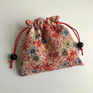 Kimono Drawstring Pouch Small Essentials Bag for Makeup Phone Keys Dice Bag Game Pieces Multi Florals on Off White Chirimen Silk