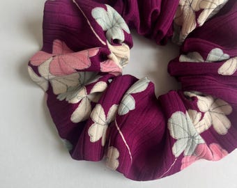 Kimono Silk Scrunchie: Hair Tie, Vintage Fabric, Pastel Florals on Reddish Purple Magenta Silk