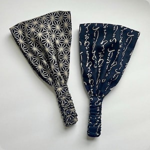 Japanese Cotton Headband: Wide Boho Style - Men's Unisex Hairband, Choose Navy/Beige Asanoha Hemp Leaf or Arrows