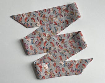 Kimono Silk Scarf: Floral Skinny Scarf, Hair Tie, Purse Accessory, Colorful Thread Spools on Light Blue Gray Silk