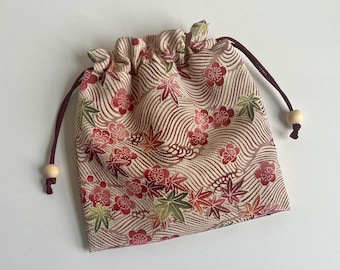Kimono Pouch Small Essentials Drawstring Bag, Vintage Japanese Silk, Pink Plum Blossoms and Maple Leaves, Flowing Water Print Chirimen Silk