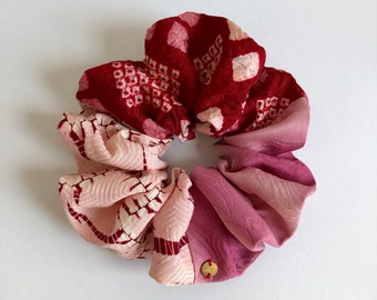 Kimono 3 Silk Scrunchie Medium or Large Sizes Gift for Women Boho Hair  Pink Ombré Silk + Pink & Red Shibori Silk