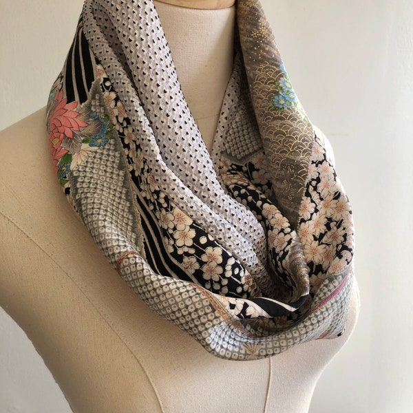 Kimono Scarf Twisted Infinity Scarf Vintage Silk Scarf Japanese Snood Mother's Day Gift Florals & Fans Super Soft Silk Light Gray Shibori