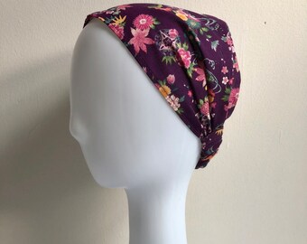 Wide Headband New Japanese Cotton Size S-XL or Tie Back Floral Patterns on Purple Cotton