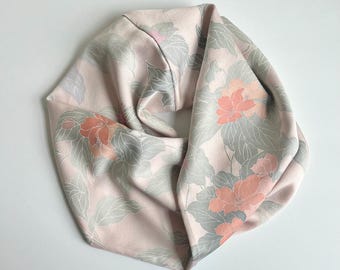 Kimono Silk Infinity Scarf: Twisted Snood, Florals on Pink Gray Silk