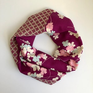 Kimono Silk Scarf Twisted Infinity Scarf Vintage Japanese Silk Handmade Gifts for Women Delicate Floral Print on Purple Berry Silk