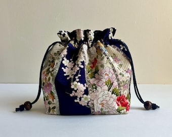 Kimono Kinchaku Bag, Vintage Japanese Fabric, Drawstring Purse, Florals on Deep Purple Silk, Plum Blossom and Peony