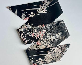 Kimono Silk Scarf: Floral Skinny Scarf, Hair Tie, Purse Accessory, Florals and Lace on Black Silk