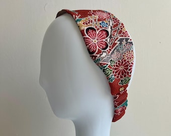 Kimono Silk Headband: Japanese Vintage Fabric, Elastic Back, Colorful Cherry Blossoms on Rusty Reddish Brown Okinawa Bingata Chirimen Silk