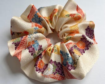 Kimono Silk Scrunchie: Hair Tie, Vintage Japanese Fabric, Floral Ribbons on Cream Silk