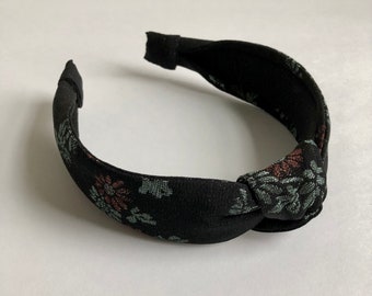 Kimono Silk Knot Headband Knotted Headbands Turban Style Headband Japanese Vintage Kimono Silk Metallic Embroidered Florals on Black Silk