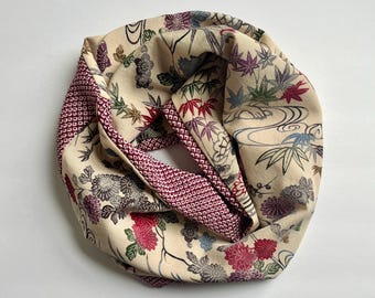 Kimono Silk Infinity Scarf: Twisted Snood, Stenciled Flowers and Houses on Light Beige Silk + Dark Pink Shibori