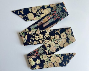 Kimono Silk Scarf: Floral Skinny Scarf, Hair Tie, Purse Accessory, Florals on Indigo Blue Chirimen Silk