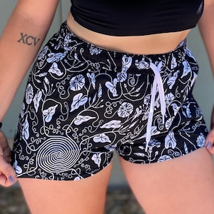 MORNING GLORY running shorts - festival clothes / botanical boho / unique gym / black floral all over print