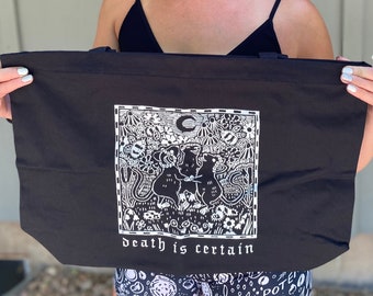 DEATH IS CERTAIN large tote bag / graphic mice / floral / spooky / pastel goth / cottagecore