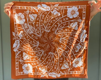 CALIFORNIA POPPY 21x21” bandana - wildflower floral scarf / botanical pattern / hair accessory / neckerchief / state flower / rust orange